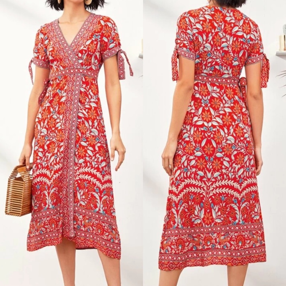 Bohemian Gypsy Floral Print Dress Tie Sleeve Slit - Picture 4 of 5